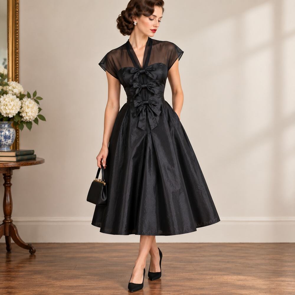 Vintage 1940s Black Taffeta Sheer Bow Cocltail Formal Dress XS 24 Waist